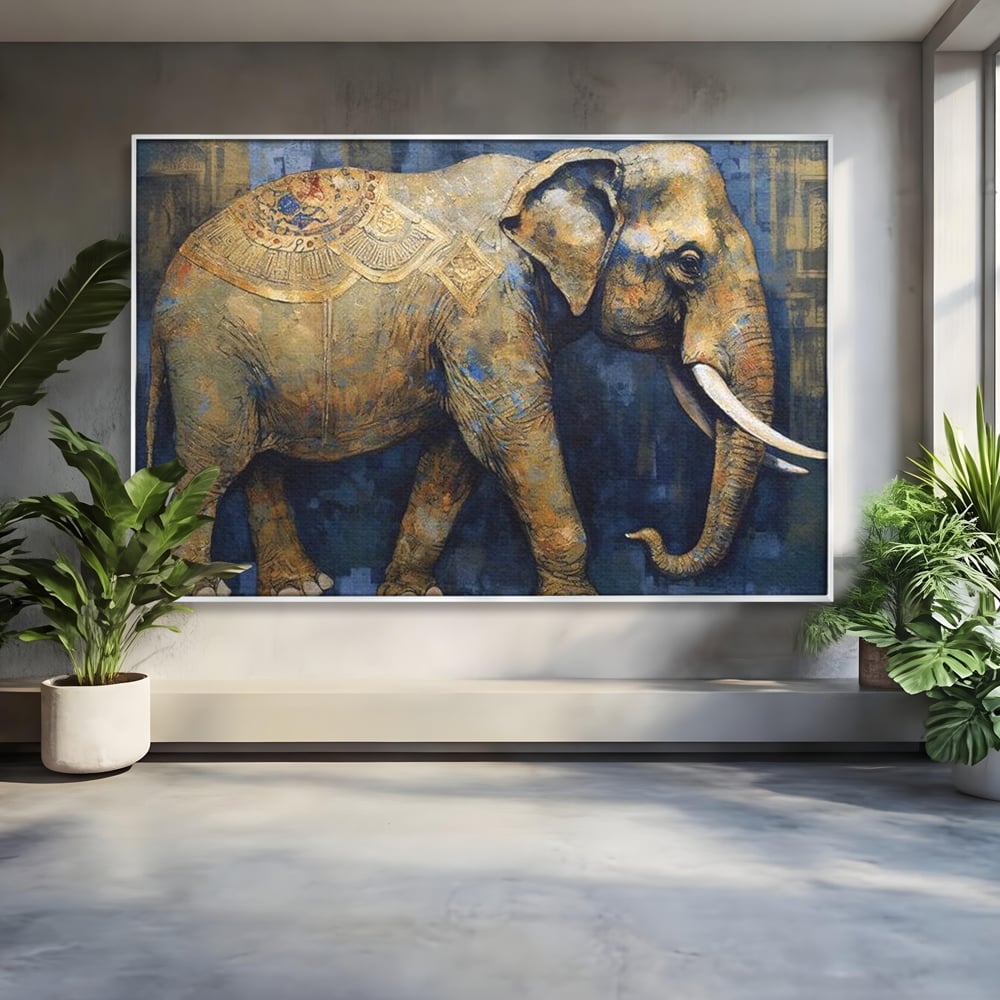 Tablou canvas cu tablou canvas cu pictura de elefant auriu, in rama de aluminiu argintiu